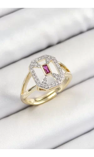 Pirinç Zirkon Taşlı Baget Model Gold Renk Kadın Yüzük