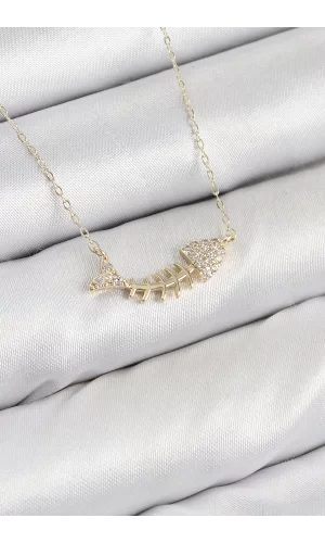 Pirinç Zirkon Taşlı Balık Kılçığı Model Gold Renk Kadın Kolye