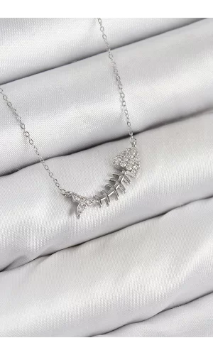 Pirinç Zirkon Taşlı Balık Kılçığı Model Gümüş Renk Kadın Kolye