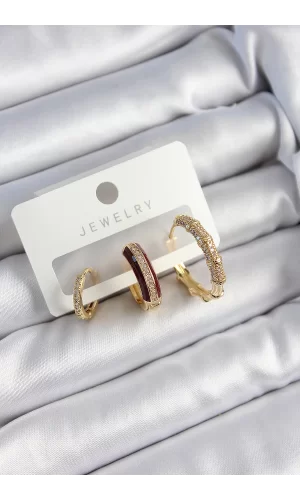 Pirinç Zirkon Taşlı Bordo Halka Model Gold Renk 3lü Çift Kadın Küpe Set
