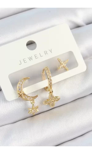 Pirinç Zirkon Taşlı Çiçek Ve Ay Model Gold Renk 3lü Çift Kadın Küpe Set