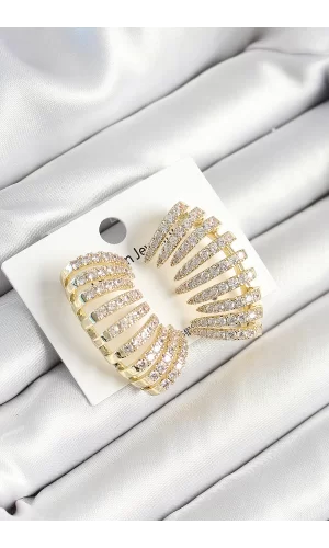 Pirinç Zirkon Taşlı Çoklu Görünümlü Model Gold Renk Kadın Küpe