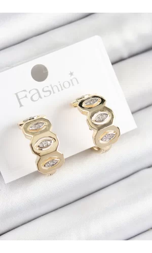 Pirinç Zirkon Taşlı Damla Figürlü Halka Model Gold Renk Kadın Küpe