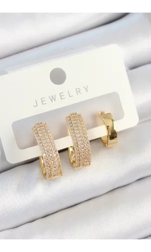 Pirinç Zirkon Taşlı Damla Model Gold Renk 3lü Çift Kadın Küpe Set