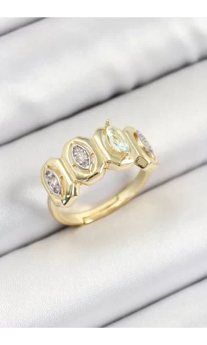 Pirinç Zirkon Taşlı Damla Model Gold Renk Kadın Yüzük
