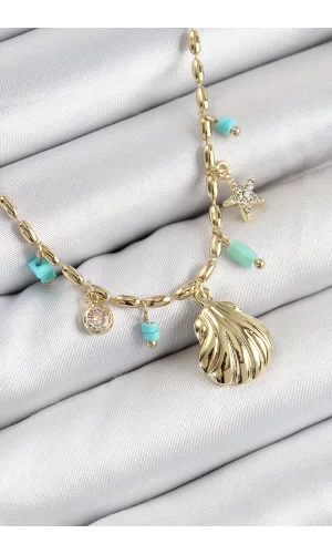 Pirinç Zirkon Taşlı Deniz Kabuğu Model Gold Renk Kadın Kolye