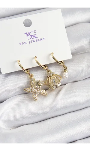 Pirinç Zİrkon Taşlı Deniz Yıldızı Ve İstiridye Model Gold Renk 3lü Kadın Küpe