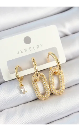 Pirinç Zirkon Taşlı Dikdörtgen Model Gold Renk 3lü Çift Kadın Küpe Set