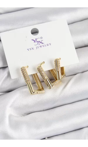 Pirinç Zİrkon Taşlı Dikdörtgen Model Gold Renk 3lü Kadın Küpe