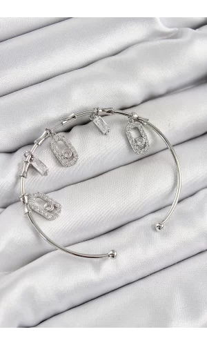 Pirinç Zirkon Taşlı Dikdörtgen Model Gümüş Renk Charm Bileklik
