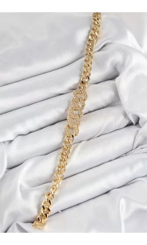 Pirinç Zirkon Taşlı Ezme Küba Zincir Model Gold Renk Kadın Bileklik