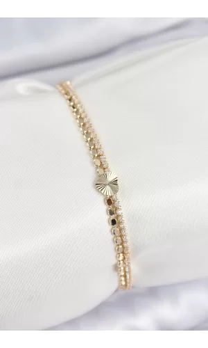 Pirinç Zirkon Taşlı Ezme Zincirli Kalp Model Gold Renk Kadın Bilekilk