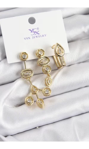 Pirinç Zİrkon Taşlı Geometrik Model Gold Renk 3lü Kadın Küpe