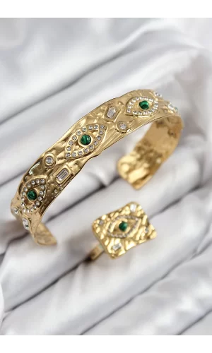 Pirinç Zirkon Taşlı Göz Model Gold Renk Bileklik Yüzük Set