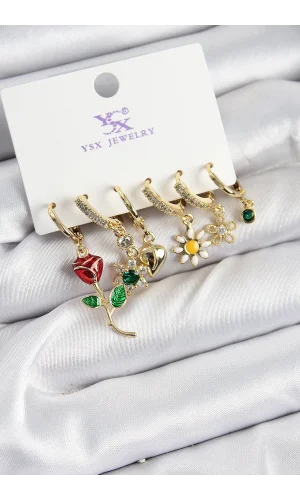 Pirinç Zİrkon Taşlı Gül Ve Papatya Model Gold Renk 3lü Çift Kadın Küpe