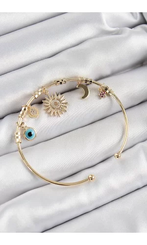 Pirinç Zirkon Taşlı Güneş Ay Nazar Model Gold Renk Charm Bileklik