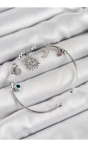 Pirinç Zirkon Taşlı Güneş Ay Ve Nazar Model Gümüş Renk Charm Bileklik