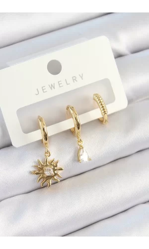 Pirinç Zirkon Taşlı Güneş Model Gold Renk 3lü Çift Kadın Küpe Set