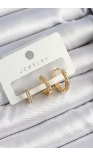 Pirinç Zirkon Taşlı Halka Model Gold Renk 3lü Çift Kadın Küpe Set