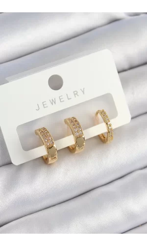 Pirinç Zirkon Taşlı Halka Model Gold Renk 3lü Çift Kadın Küpe Set