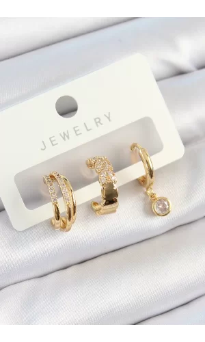 Pirinç Zirkon Taşlı Halka Model Gold Renk 3lü Çift Kadın Küpe Set