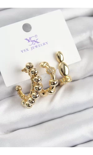 Pirinç Zİrkon Taşlı Halka Model Gold Renk 3lü Kadın Küpe