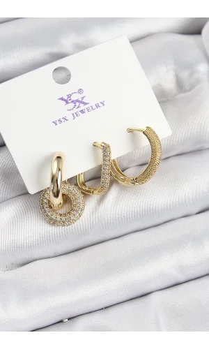Pirinç Zİrkon Taşlı Halka Model Gold Renk 3lü Kadın Küpe