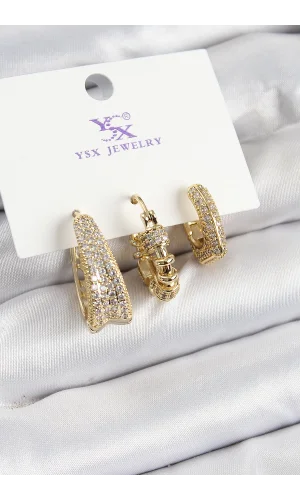 Pirinç Zİrkon Taşlı Halka Model Gold Renk 3lü Kadın Küpe