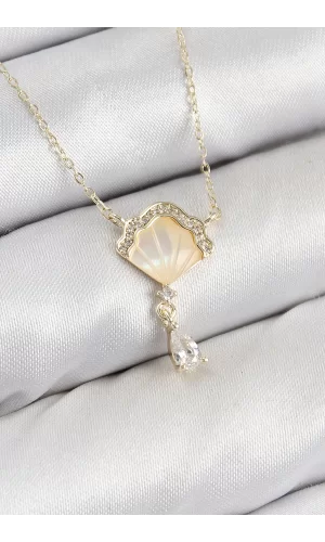 Pirinç Zirkon Taşlı İstiridye Model Gold Renk Kadın Kolye