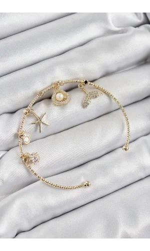 Pirinç Zirkon Taşlı İstiridye Ve Deniz Yıldızı Model Gold Renk Charm Bileklik