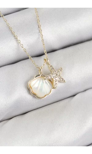 Pirinç Zirkon Taşlı İstiridye Ve Deniz Yıldızı Model Gold Renk Kadın Kolye