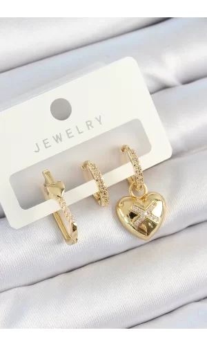 Pirinç Zirkon Taşlı Kalp Model Gold Renk 3lü Çift Kadın Küpe Set
