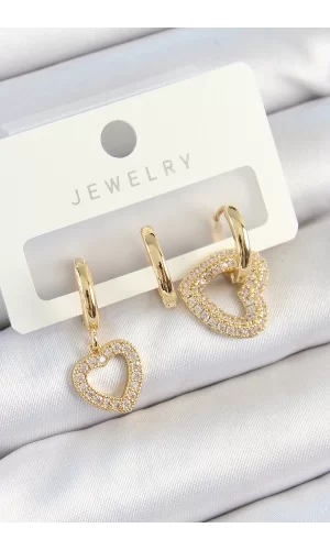 Pirinç Zirkon Taşlı Kalp Model Gold Renk 3lü Çift Kadın Küpe Set