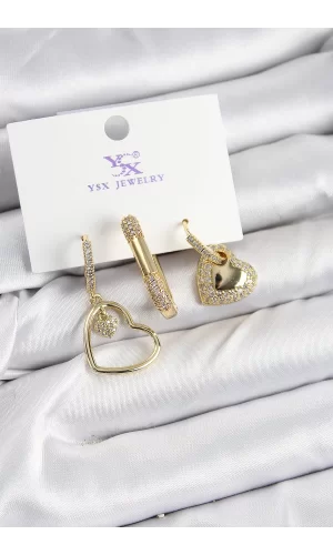 Pirinç Zİrkon Taşlı Kalp Model Gold Renk 3lü Kadın Küpe