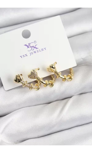 Pirinç Zİrkon Taşlı Kalp Model Gold Renk 3lü Kadın Küpe