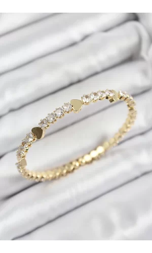 Pirinç Zirkon Taşlı Kalp Model Gold Renk Yaylı Kadın Bileklik