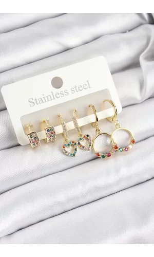 Pirinç Zirkon Taşlı Kalp Ve Halka Model Gold Renk 6lı Set Kadın Küpe