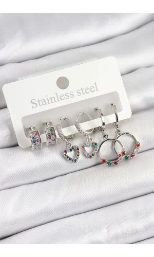 Pirinç Zirkon Taşlı Kalp Ve Halka Model Gold Renk 6lı Set Kadın Küpe