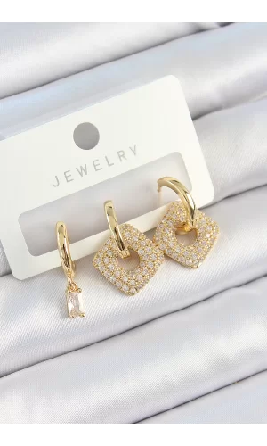 Pirinç Zirkon Taşlı Kare Model Gold Renk 3lü Çift Kadın Küpe Set