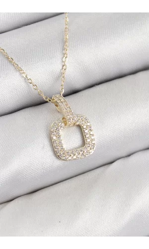 Pirinç Zirkon Taşlı Kare Model Gold Renk Kadın Kolye