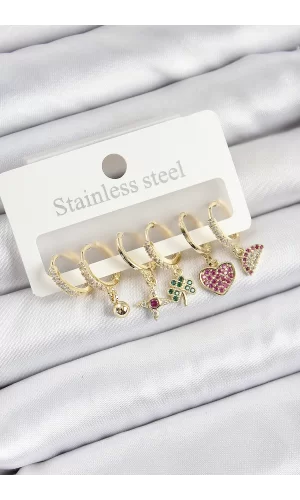 Pirinç Zirkon Taşlı Karpuz Yonca Kalp Pusula Karışık Model Gold Renk 6lı Set Kadın Küpe
