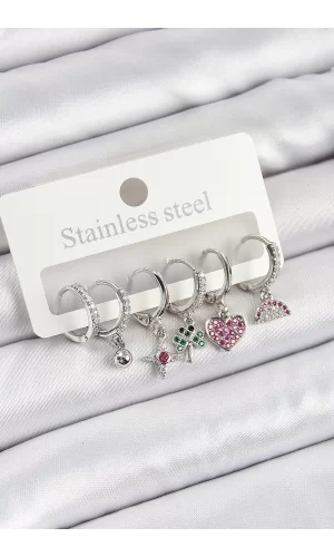 Pirinç Zirkon Taşlı Karpuz Yonca Kalp Pusula Karışık Model Gümüş Renk 6lı Set Kadın Küpe