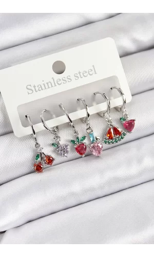 Pirinç Zirkon Taşlı Karpuz Yonca Kalp Pusula Karışık Model Gümüş Renk 6lı Set Kadın Küpe
