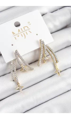 Pirinç Zirkon Taşlı Kayan Yıldız Model Gold Ve Gümüş Renk Kadın Küpe