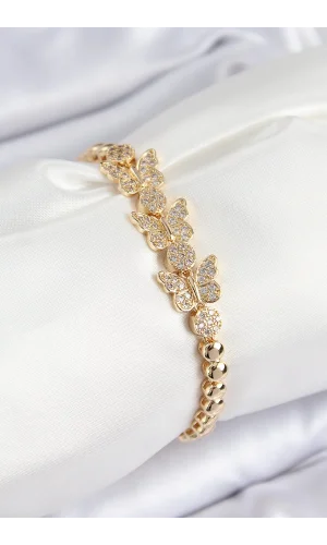 Pirinç Zirkon Taşlı Kelebek Model Gold Renk Kadın Bileklik