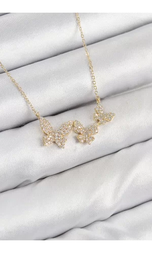 Pirinç Zirkon Taşlı Kelebek Model Gold Renk Kadın Kolye