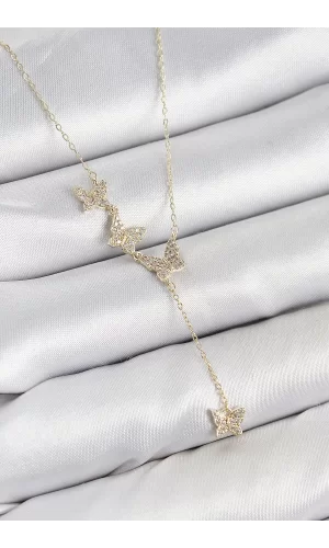 Pirinç Zirkon Taşlı Kelebek Model Gold Renk Kadın Kolye