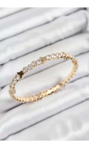 Pirinç Zirkon Taşlı Kelebek Model Gold Renk Yaylı Kadın Bileklik