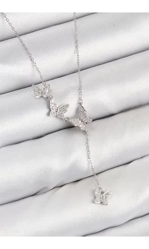 Pirinç Zirkon Taşlı Kelebek Model Gümüş Renk Kadın Kolye