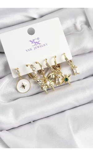 Pirinç Zİrkon Taşlı Kelebek ve Yıldız Model Gold Renk 3lü Çift Kadın Küpe
